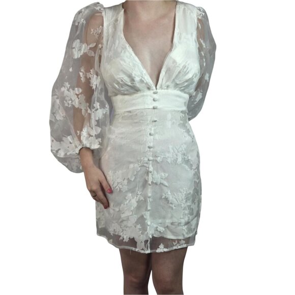 Lulus Dramatic Energy White Floral Burnout Balloon Sleeve Mini Dress Size Small - Picture 11 of 13